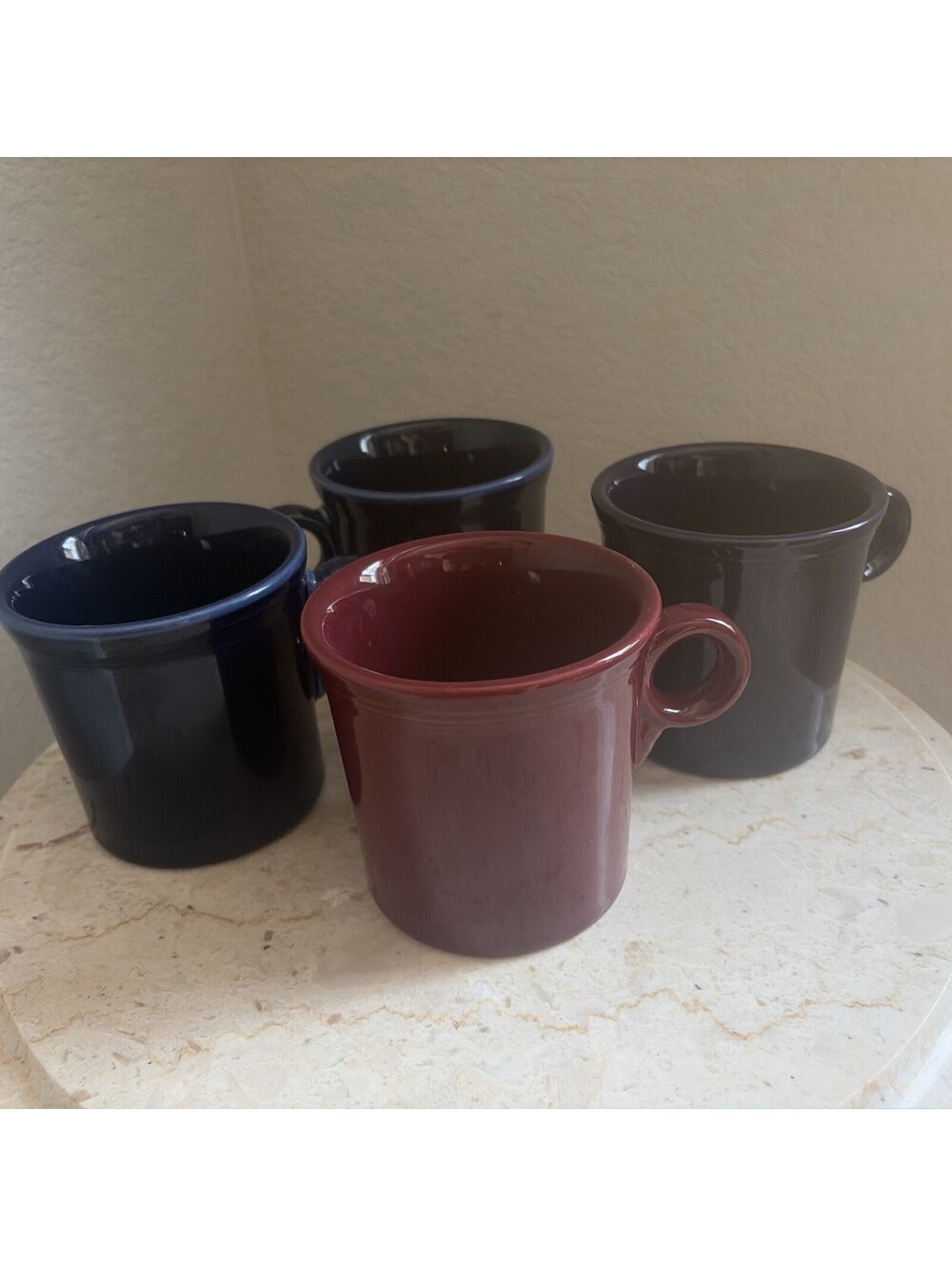 Fiesta Ring Handle Mugs (2) Dark Blue, (1) Raspberry, (1) Purple-set Of 4 Euc